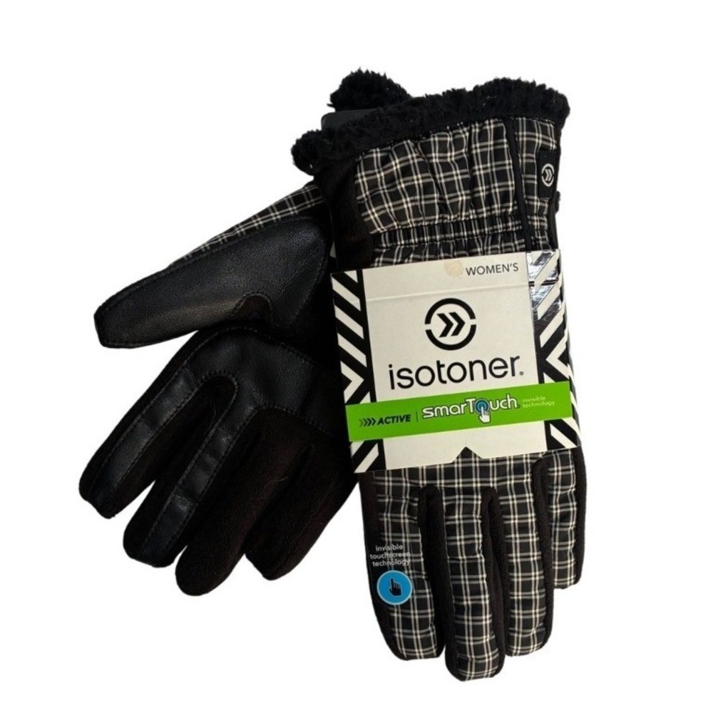 Isotoner Active SmarTouch Gloves Women M/L‎ Black Plaid THERMAflex Sherpa Lining